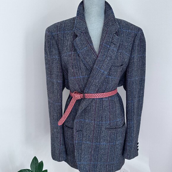Unisex Tweed Plaid Wool Blazer Suit Jacket - Grey/Blue - Picture 1 of 12